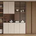 Modern Decorative Cabinet With Beige Doors Brown Frame And Open Shelves For Decor Items