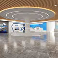 Modern Interior Space With Circular White Pillar Wooden Ceiling And Bookshelves