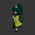 Anime Style Doll Figure With Green Hair Cat Ears Red Obi And Green Yellow Kimono