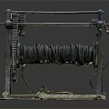 Vintage Metal Winch With Gear Spiral Drum And Moss And Dirt Covered Stand