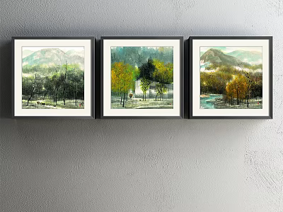 Three Framed Landscape Paintings Hanging on Gray Wall with Mountain Scenery and Seasonal Trees 3d model