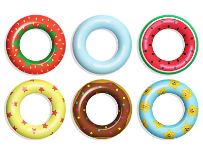 Assorted Colorful Inflatable Swim Rings Sports Equipment With Fruit Star Donut And Smiley Patterns 3d model