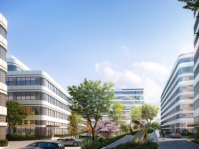 Modern Industrial Park With Contemporary Buildings Greenery Cars And Art Sculpture 3d model