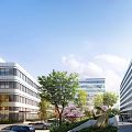 Modern Industrial Park With Contemporary Buildings Greenery Cars And Art Sculpture