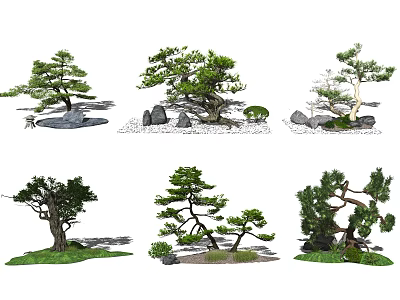 Curved Branches Arbor Trees In Various Heights With Rocks And Lawn Shadow Effects 3d model