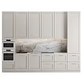 Sleek Modern White Kitchen Cabinets With Marble Backsplash Built in Ovens And Sink
