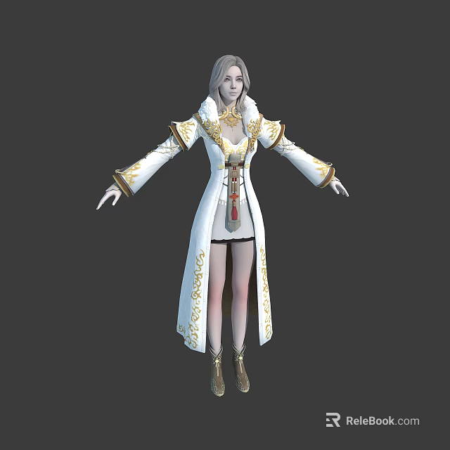 Detailed 3D Female Character With Silver Hair White Robe Golden Accents And Open Arms Pose 3d model 