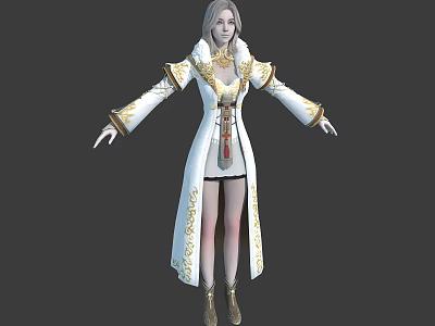 Detailed 3D Female Character With Silver Hair White Robe Golden Accents And Open Arms Pose 3d model