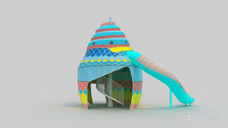 Colorful Playground Equipment with Conical Structure Slide Staircase and Geometric Patterns 3d model 