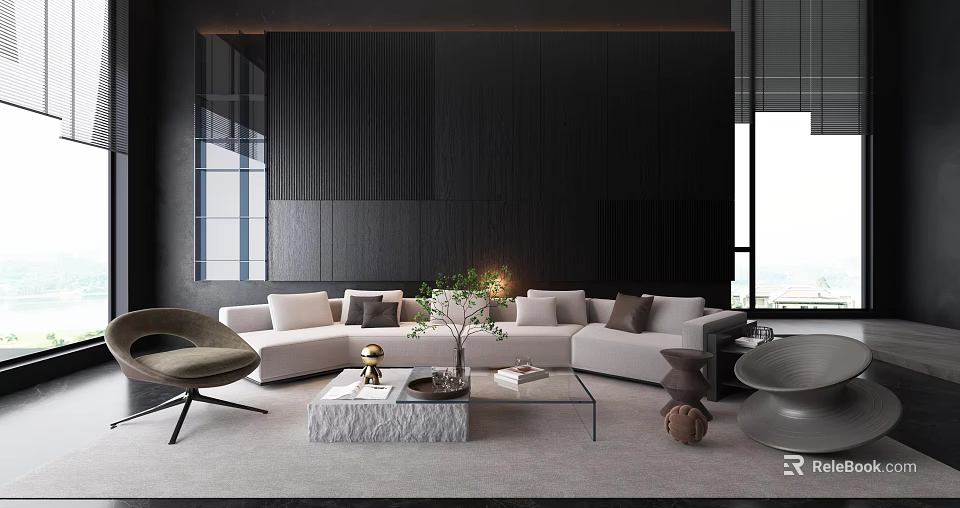Modern Minimalist Beige Sectional Sofa And Exquisite Coffee Table Set For Luxury Contemporary Living Space 3d model 