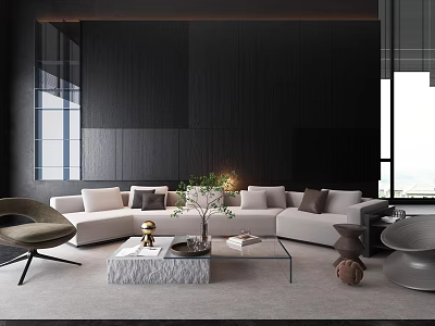 Modern Minimalist Beige Sectional Sofa And Exquisite Coffee Table Set For Luxury Contemporary Living Space 3d model