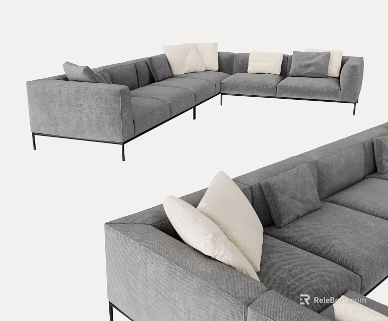 Gray Sectional Sofa With Modern Upholstered Design And Decorative Accent Pillows 3d model