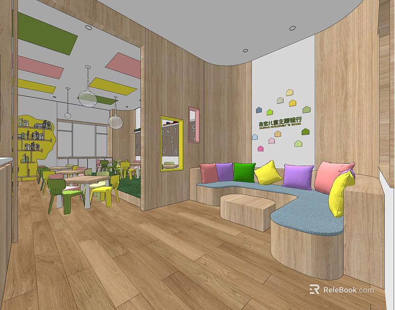 Kindergarten Interior With Colorful Ceiling Wooden Walls Geometric Stickers And Cushioned Seating 3d model 