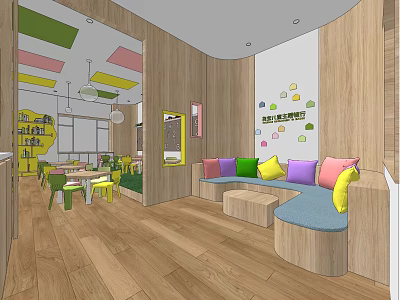Kindergarten Interior With Colorful Ceiling Wooden Walls Geometric Stickers And Cushioned Seating 3d model