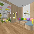 Kindergarten Interior With Colorful Ceiling Wooden Walls Geometric Stickers And Cushioned Seating