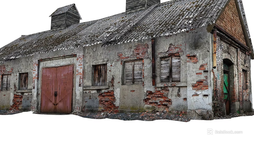 Dilapidated Industrial Factory Building With Weathered Walls Red Doors And Broken Windows 3d model 