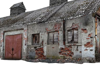 Dilapidated Industrial Factory Building With Weathered Walls Red Doors And Broken Windows 3d model