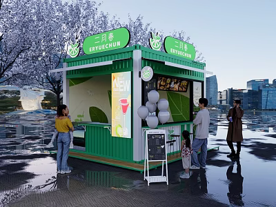 Green Container Tea Shop Structure With Cherry Blossom Trees And Customers In Urban Area 3d model