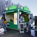 Green Container Tea Shop Structure With Cherry Blossom Trees And Customers In Urban Area