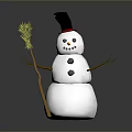 Snowman Figure With Black Top Hat Red Brim Stick Arms Orange Carrot Nose And Broom
