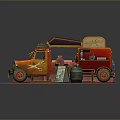 Red Vintage Food Truck with Canvas Awning Menu Board and Wooden Barrel Outdoor Setup