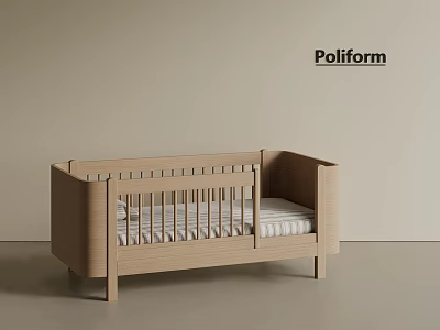 Modern Light Wooden Baby Crib With Simple Design And Striped Mattress 3d model