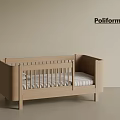Modern Light Wooden Baby Crib With Simple Design And Striped Mattress