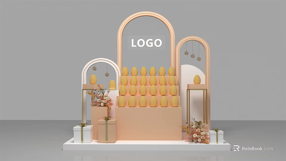 Elegant Display Stand Design With Arched Frames Logo Yellow Products Gift Boxes And Decorations 3d model 