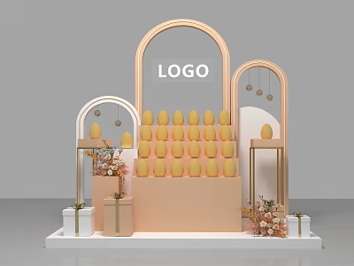 Elegant Display Stand Design With Arched Frames Logo Yellow Products Gift Boxes And Decorations 3d model