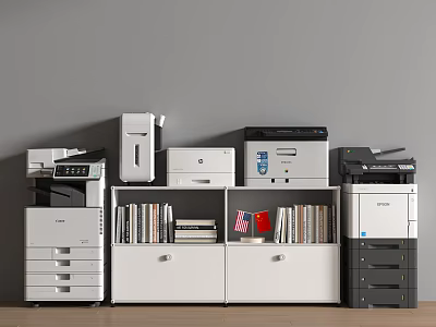 Modern Office Appliances Including Printer Scanner Copier With White Cabinet Books And American Flag 3d model