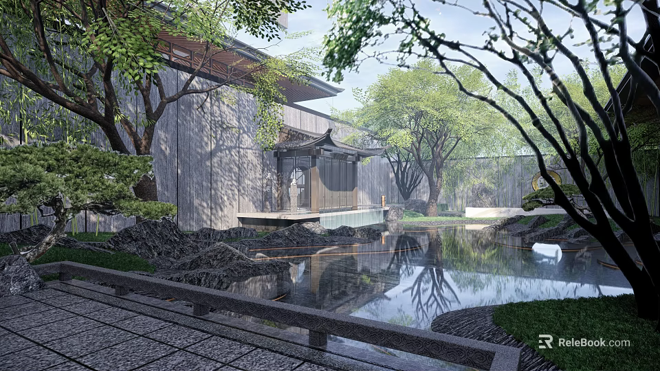Serene Traditional Courtyard Garden with Pond Trees Stone Pathway Wooden Pavilion and Reflections 3d model 