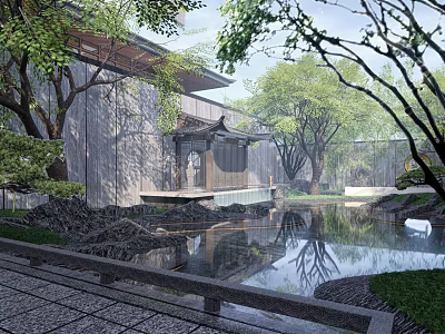 Serene Traditional Courtyard Garden with Pond Trees Stone Pathway Wooden Pavilion and Reflections 3d model