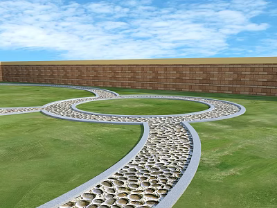 Winding White Road Facilities With Hollow Pattern Circular Curved Paths On Green Lawn 3d model