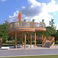 Outdoor Wooden Circular Platform With Spiral Staircase And Green Surrounding Trees