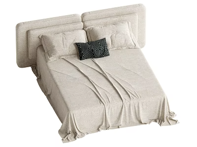 Double Bed With Fabric Headboard Beige Bed Sheet Two Pillows And Black Patterned Cushion 3d model