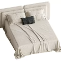 Double Bed With Fabric Headboard Beige Bed Sheet Two Pillows And Black Patterned Cushion 3d model