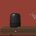 Black Wireless Speaker on Wooden Table with Orange Wall and Black Vase with Pink Flowers