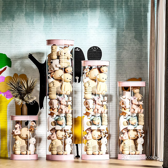 Cute Teddy Bear Dolls Displayed in Multiple Transparent Cylindrical Containers with Decorative Wall Decor 3d model 