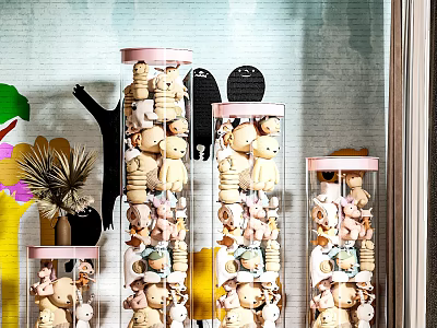 Cute Teddy Bear Dolls Displayed in Multiple Transparent Cylindrical Containers with Decorative Wall Decor 3d model