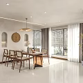 Modern Living Dining Room Interior Design With Sofa Coffee Table Large Windows Curtains And Plants
