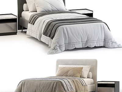 Modern Single Bed Interior With Neutral Toned Duvet Pillows And Bedside Tables 3d model