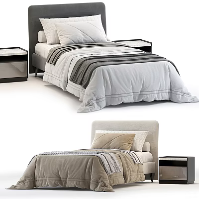 Modern Single Bed Interior With Neutral Toned Duvet Pillows And Bedside Tables 3d model