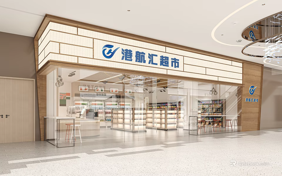 Bright Shopping Mall Supermarket Storefront With Glass Doors And Product Display Shelves 3d model 