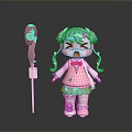 Cartoon Girl With Teal Pigtails And Pink Top Next To Lollipop Shaped Object With Decorations