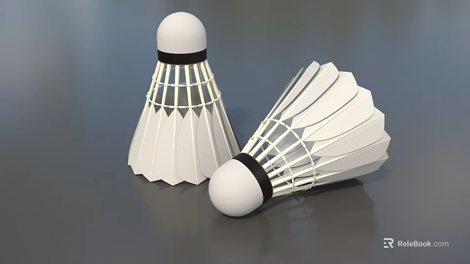 Two White Badminton Shuttlecocks With Feather Structure And Black Rubber Heads 3d model 