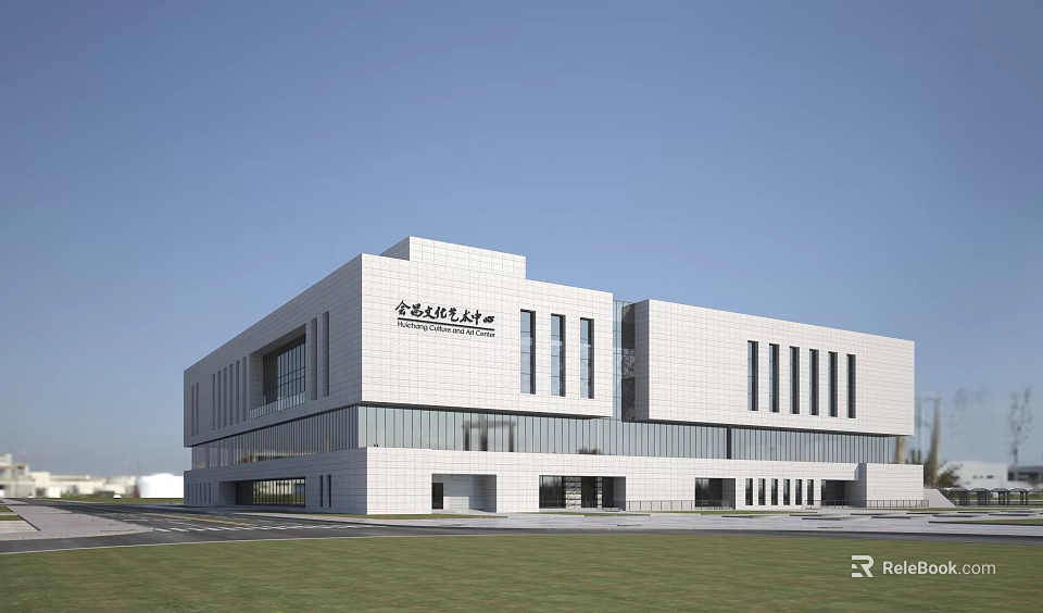 Modern Cultural Center Building With White Facade Large Glass Windows And Open Lawn 3d model 