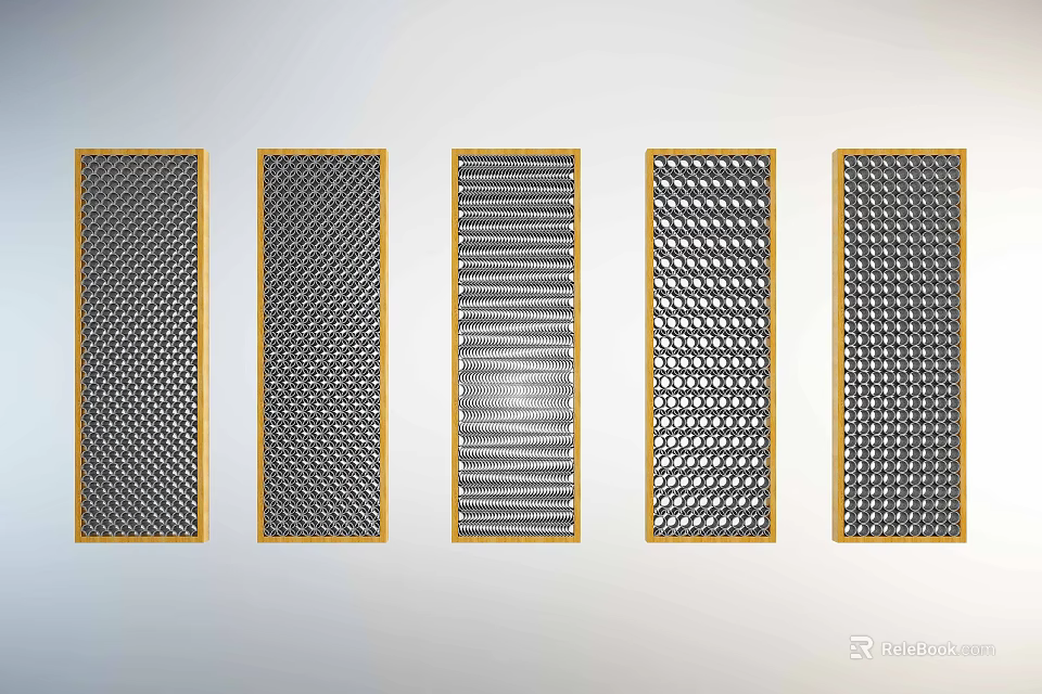Decorative Room Dividers With Golden Frames And Various Black Panel Patterns 3d model 