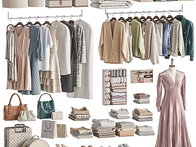Stylish Clothes Wardrobe Display With Hanging Dresses Folded Coats Handbags And Shoes 3d model