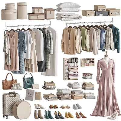 Stylish Clothes Wardrobe Display With Hanging Dresses Folded Coats Handbags And Shoes 3d model