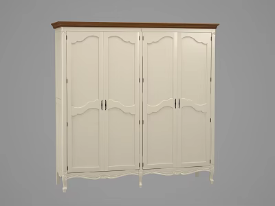 Classic White Wardrobe with Four Doors Brown Wooden Top Decorative Carved Edges and Elegant Legs 3d model